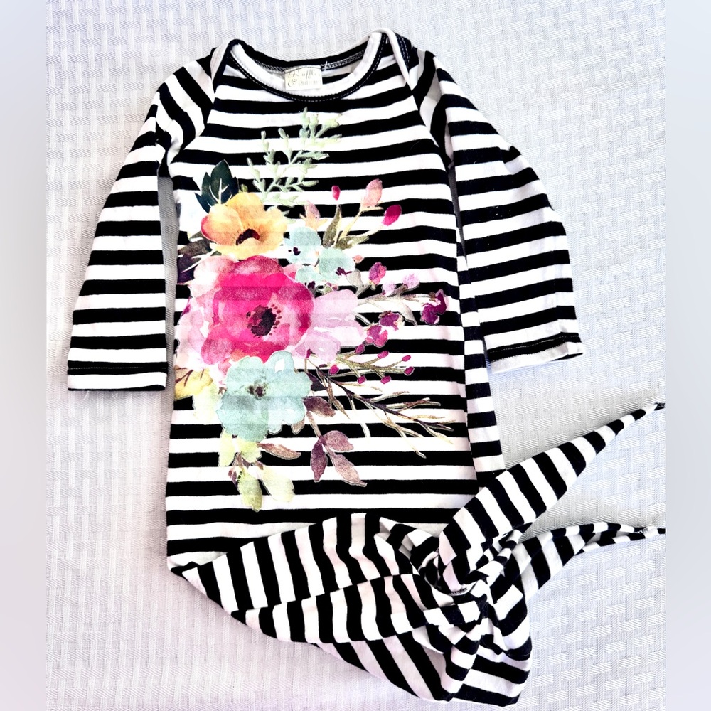Ruffles & Buttons Baby Gown Black White Stripe Floral Knotted Newborn–3M